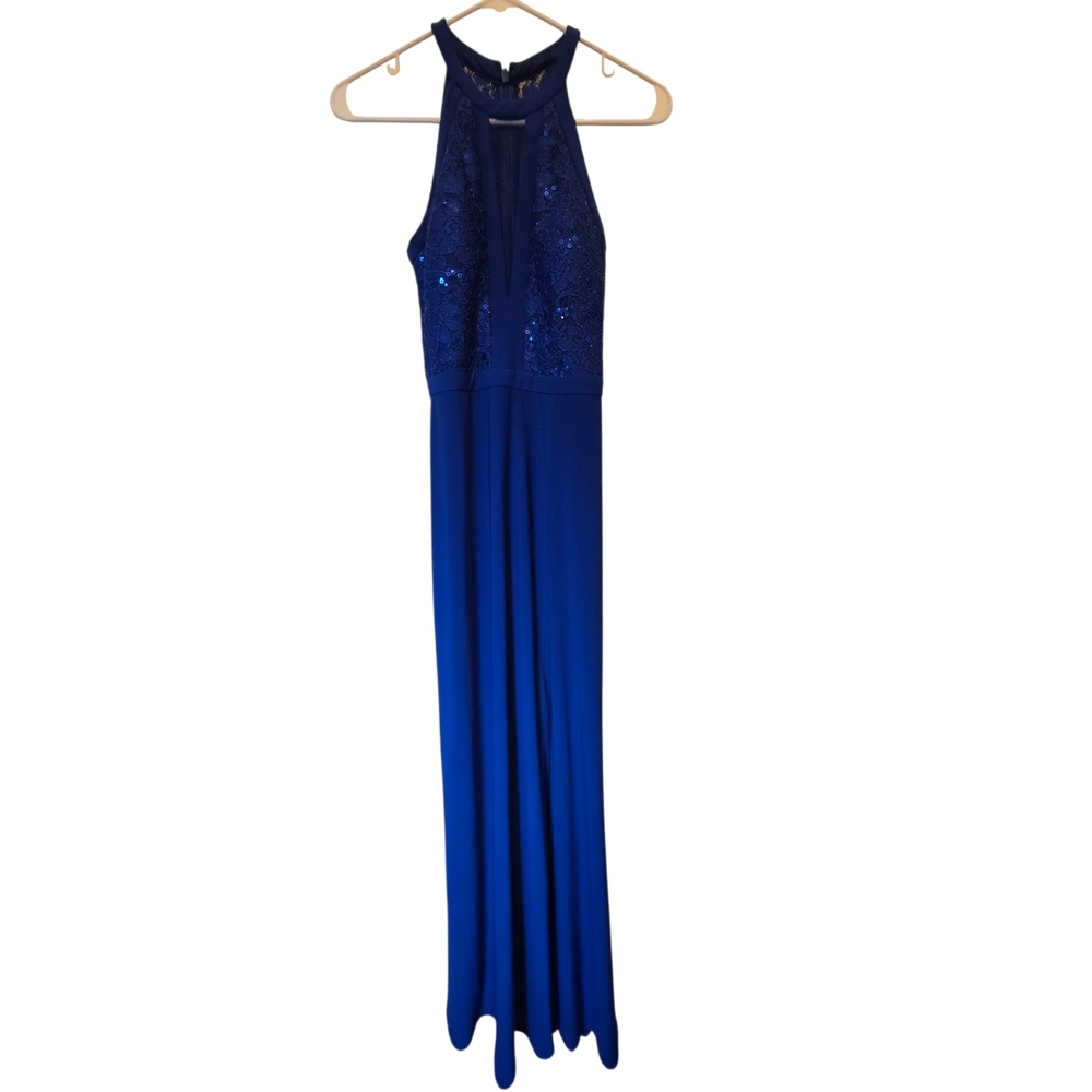 Morgan & Co. Blue Formal Maxi Dress With Side Slit & Sequined Top Size 1/2